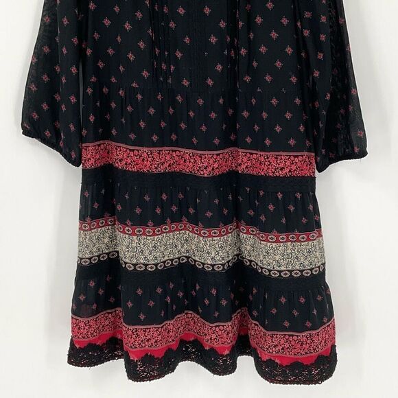 J Jill Pintucked Lace Trim Midi Dress Tiered A-Line Black Red Women Medium Boho - Picture 7 of 11